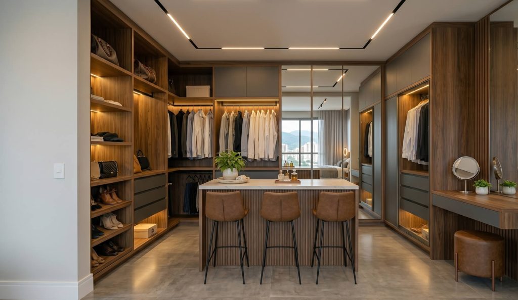 Closet planejado de casal com ilha central, divisórias inteligentes e portas de vidro reflecta, marcenaria de alto padrão em Joinville.