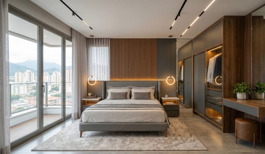 Closet planejado de casal com ilha central, divisórias inteligentes e portas de vidro reflecta, marcenaria de alto padrão em Joinville.