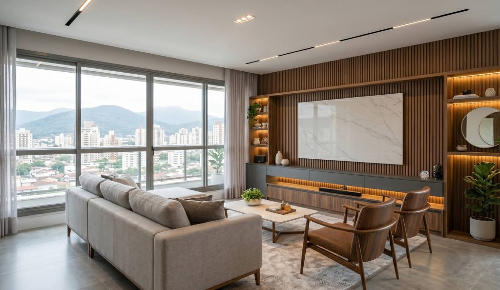 Sala de estar planejada com painel de TV em MDF amadeirado e cinza sagu, conceito aberto para apartamentos modernos em Joinville.