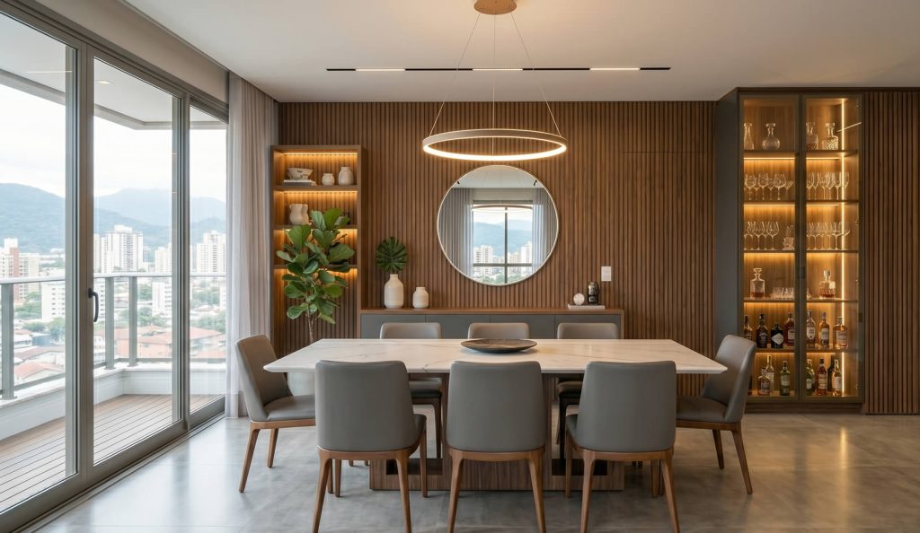 Sala de jantar integrada com mesa de mármore, cadeiras de design e cristaleira planejada com iluminação interna e portas de vidro, projeto de alto padrão em Joinville – Harmonize